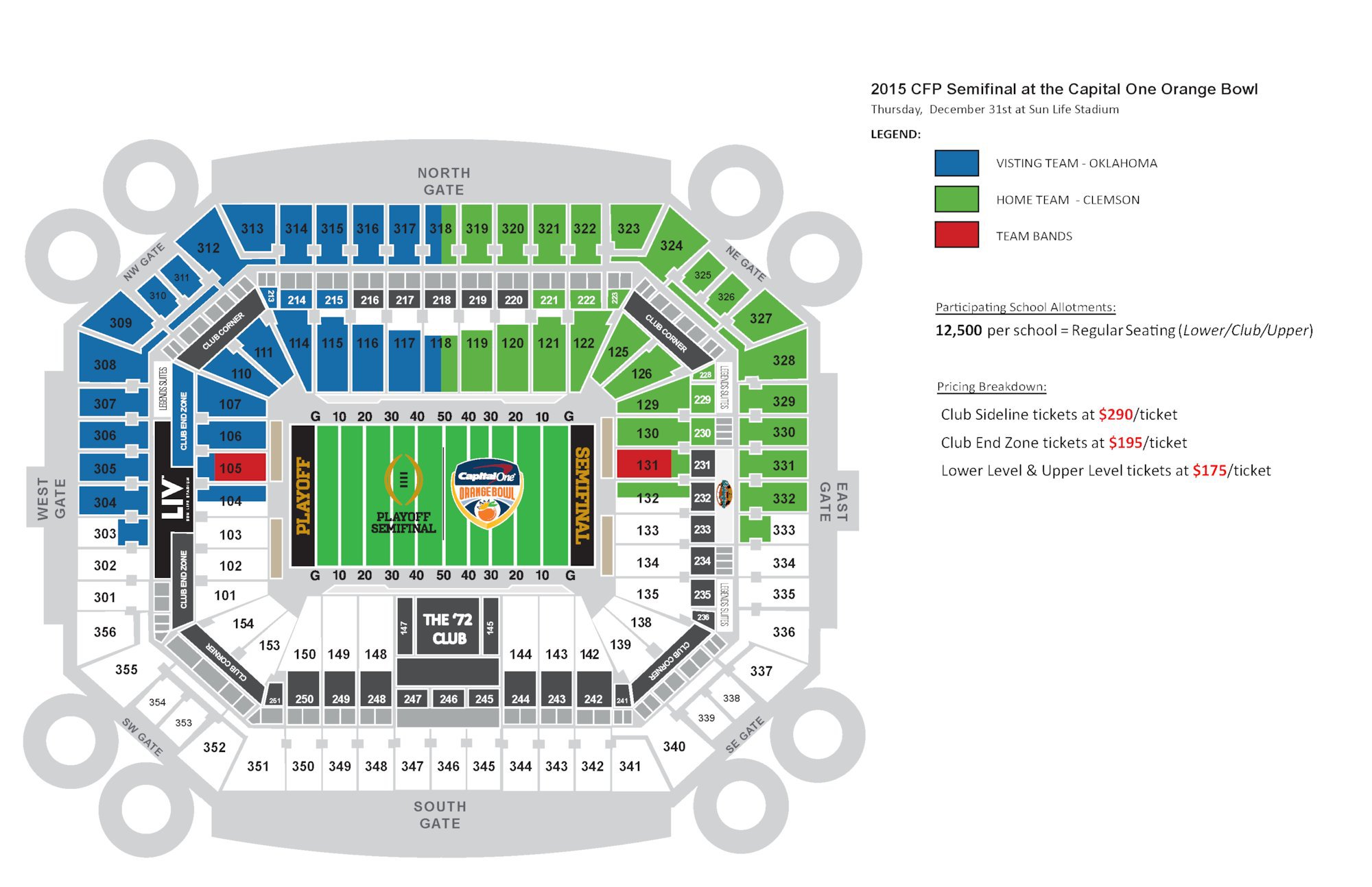 Orange Bowl seating diagram with Clemson sections